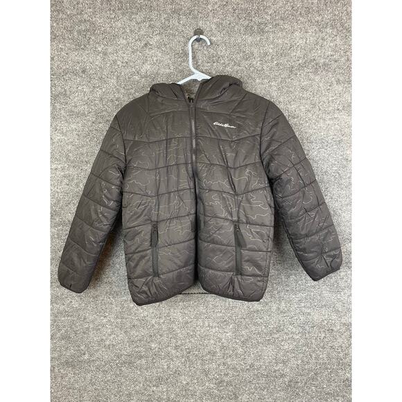 Eddie Bauer Kids Puffer Jacket Medium 10/12 Black Gray Faux Fur Reversible Side - Picture 1 of 16